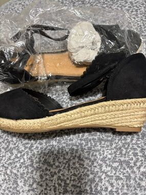 Charlies Black Espadrille Wedge Sandals with Scalloped Edge